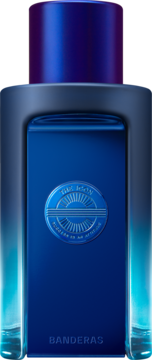 Granatowa butelka Banderas The Icon Supreme Eau de Parfum z emblematem, widok z przodu.