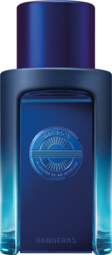 Banderas The Icon Supreme męska woda perfumowana, granatowa, prostokątna butelka z wytłoczonym logo, widok z przodu.