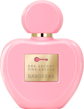 Banderas Her Secret Pink Absolu, różowa woda perfumowana w sercowatej butelce ze złotym kluczem.