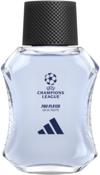 Adidas UEFA Champions League Pro Player woda toaletowa, szklana butelka z błękitnym płynem, czarna zakrętka, widok z przodu.