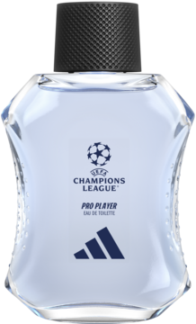 Woda toaletowa Adidas Pro Player UEFA CL dla mężczyzn, przezroczysta butelka o falistych bokach, czarna żebrowana zakrętka.