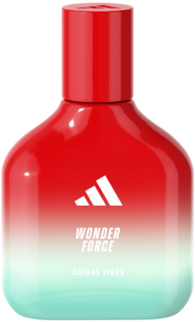 Woda perfumowana Adidas Vibes Wonder Force, butelka czerwono-turkusowa z białym logo, widok z przodu.