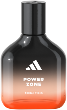 Woda perfumowana Adidas Vibes Power Zone w gradientowym, czarno-pomarańczowym flakonie z białym logo i napisami, widok z przodu.