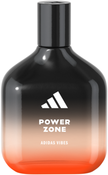 Adidas Vibes Power Zone woda perfumowana, smukła czarna butelka z pomarańczowym gradientem u dołu, logo Adidas.