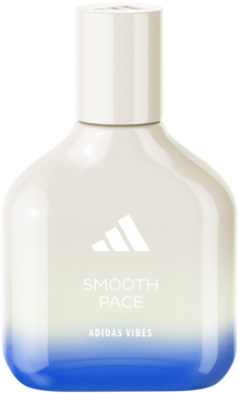 Woda perfumowana Adidas Vibes Smooth Pace. Butelka z białym korkiem, gradient od bieli przez żółć do błękitu, logo Adidas.
