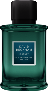 David Beckham Instinct 20th Anniversary Edition, męska woda perfumowana w ciemnozielonej butelce, widok z przodu.