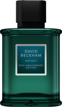 David Beckham Instinct 20th Anniversary Edition, męska woda perfumowana, ciemnozielona butelka z niebieską etykietą, przodem.