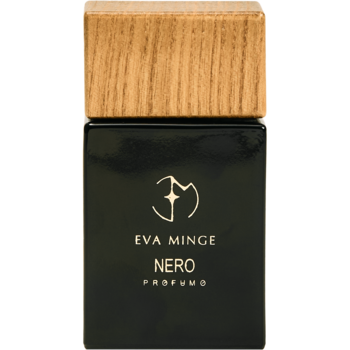 Eva Minge Nero, damska woda perfumowana w czarnej butelce z drewnianą nakrętką i białym logo, widok z przodu.