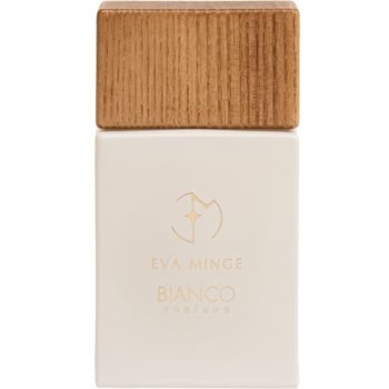 Woda perfumowana Eva Minge Bianco w matowej białej butelce z drewnianą nakrętką, złote napisy, widok z przodu.