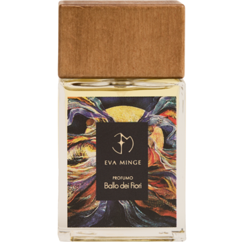 Woda perfumowana Eva Minge Ballo Dei Fiori, butelka z kolorową etykietą i drewnianą nakrętką, widok z przodu.