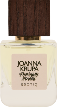 Woda perfumowana Joanna Krupa Feminine Power Esotiq. Butelka z jasnego szkła, ciemny drewniany korek, widok z przodu.
