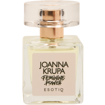 Woda perfumowana Joanna Krupa Feminine Power Esotiq w prostokątnej, szklanej butelce z jasnoróżową etykietą, widok z przodu.