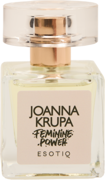 Woda perfumowana Joanna Krupa Feminine Power, butelka ze złotym atomizerem i różową etykietą, widok z przodu.
