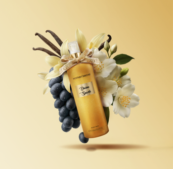 Złota mgiełka zapachowa Divine Spark 250ml, słodki zapach, z wanilią, jaśminem i winogronami na ciepłym tle.