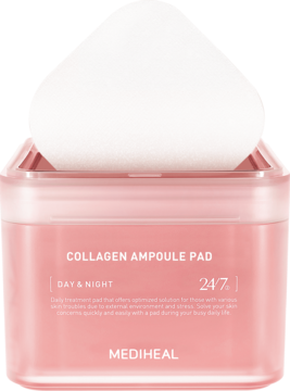 MEDIHEAL Collagen Ampoule Pad, różowy słoiczek z białym płatkiem wystającym, widok z przodu DAY & NIGHT.