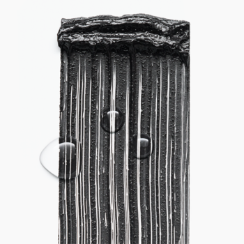 Zbliżenie na czarny tusz do rzęs Catrice Hyper Lash na aplikatorze, z kroplami wody na szczoteczce, białe tło.