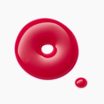 Catrice Gloss Obsessed Lip Glaze: Fuksjowy błyszczyk o lustrzanym połysku, uformowany w pierścień i kroplę, widok z góry.