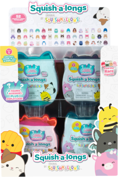 Squishmallows Squish-a-longs mystery 4-pack. Four cat-shaped containers (teal, purple, pink, blue) in a retail box.