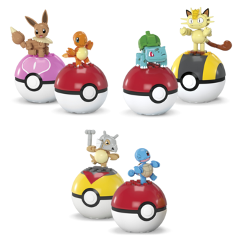 Zestaw 6 figurek Mega Construx Pokémon: Eevee, Charmander, Bulbasaur, Meowth, Cubone, Squirtle na Poké Ballach.