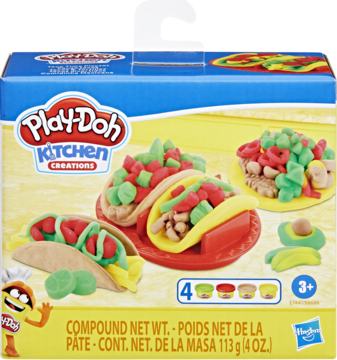 Play-Doh Kitchen Creations zestaw do robienia tacos. Niebieskie pudełko, kolorowe tacos z ciastoliny i akcesoria.