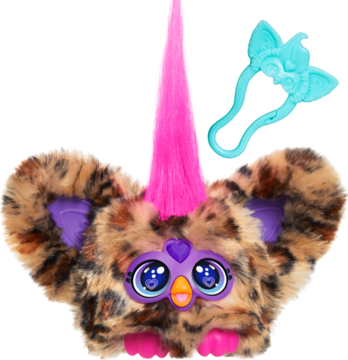 Puchaty Furby Furbisie w cętki lamparta, różowy irokez, duże oczy, błękitne akcesorium. Widok z przodu.