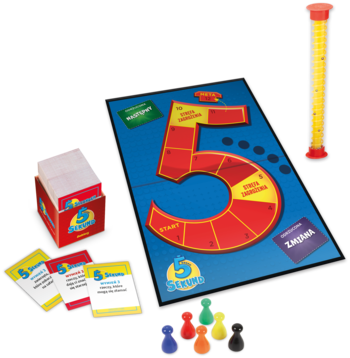 Rodzinna gra planszowa 5 sekund: niebieska plansza, karty, kolorowe pionki i czerwona klepsydra.