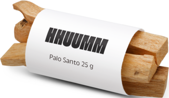 Palo Santo Hhuumm 25 g, naturalne drewniane patyczki kadzideł w zbliżeniu, jasnobrązowe, z białą etykietą.