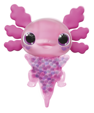 Różowy Animagic Axolotl, elastyczna figurka świecąca w wodzie, z dużymi oczami i puszystymi skrzelami.