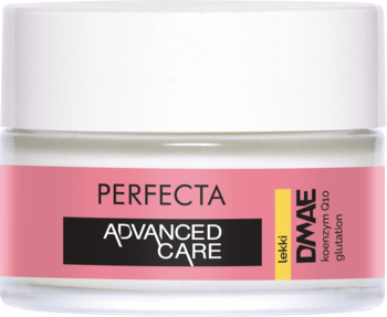 Perfecta Advanced Care lekki krem antyoksydacyjny z DMAE, biało-różowy słoiczek, widok z przodu.