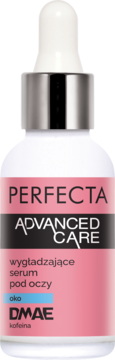 Perfecta Advanced Care wygładzające serum pod oczy z DMAE i kofeiną, biała butelka z pipetą, widok z przodu.