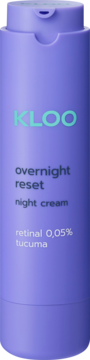 Fioletowa butelka KLOO overnight reset night cream z retinalem 0,05% i tucumą. Widok z przodu.