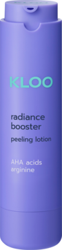 Fioletowa butelka KLOO Radiance Booster peeling lotion z niebieskim napisem, widok z przodu. Zawiera AHA i argininę.
