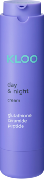 Krem KLOO day & night w liliowej butelce z flip-topem, widok z przodu. Skład: glutation, ceramid, peptyd.