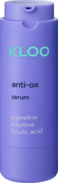 Lawendowe serum rozjaśniające KLOO anti-ox, z argireliną, arbutyną, kwasem ferulowym. Front butelki.