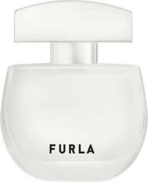 Biała, owalna butelka perfum Furla Pura z prostokątną nakrętką i logo. Widok z przodu, symbol czystej elegancji.