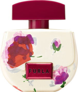 Woda perfumowana Furla Adorabile: biała butelka w kształcie torebki z kwiatowym wzorem, czerwony korek, logo Furla.
