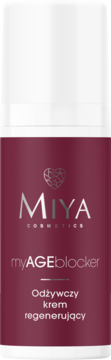 Miya myAGEblocker Odżywczy krem regenerujący 50ml w ciemnopurpurowej butelce ze srebrnym logo, przód.