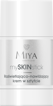 MIYA mySKINstick Rozświetlająco-nawilżający krem w sztyfcie, biały, z metaliczną etykietą, widok z przodu.