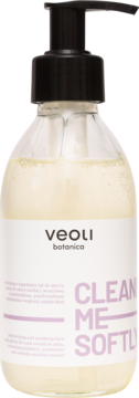 Veoli Botanica Cleaning Me Softly nawilżający żel do twarzy, przezroczysta butelka z czarną pompką, widok z przodu.