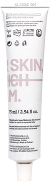 Tył białej tubki Veoli Botanica Dear Skin, It’s Rich Cream 75ml z opisem użycia i certyfikatami.