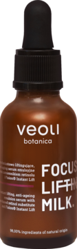 Brązowe serum Veoli Botanica Focus Lifting Milk z czarnym zakraplaczem, widok z przodu, biały tekst.