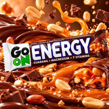Go On Energy baton orzechowo-karmelowy w czekoladzie, z guaraną. Dynamiczne ujęcie z rozlanym karmelem i orzeszkami.