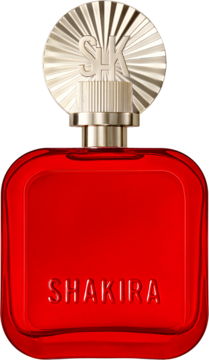 Woda perfumowana Shakira ROJO w rubinowo-czerwonej butelce, złoty korek z logo SK, widok z przodu.
