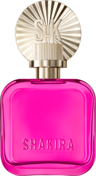Woda perfumowana Shakira Fucsia: różowy, kwadratowy flakon z wytłoczonym imieniem, złota, żłobiona nakrętka.