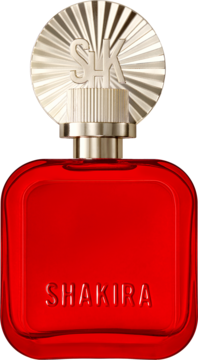 Czerwona butelka perfum Shakira ROJO z elegancką złotą nakrętką w kształcie wachlarza, widok frontalny.