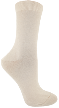 Damska skarpetka wełniana Merino Soft, jasnobeżowa, z prążkowanym ściągaczem, widok z boku.