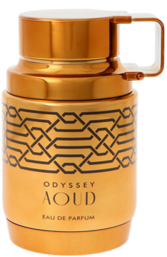 Złota butelka Armaf Odyssey Aoud, męskiej wody perfumowanej, z czarnym wzorem i uchwytem na korku, widok z przodu.