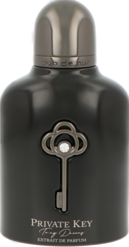 Armaf Private Key To My Dream unisex extrait de parfum, czarna butelka z metalowym korkiem i srebrnym kluczem, widok z przodu.