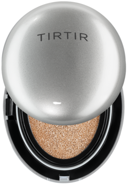 TIRTIR Mask Fit Aura Cushion Mini, otwarty srebrny kompakt z beżowym podkładem 31N French Beige.