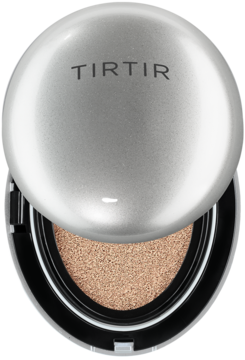 Otwarty, srebrny, metaliczny podkład TIRTIR Mask Fit Aura Cushion Mini 29N Natural Beige, z beżową gąbką, widok z góry.